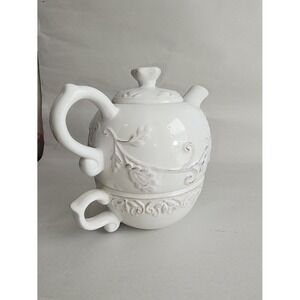 Dena Home Tea For One Set White Embossed Floral Ceramic Teapot and Cup
